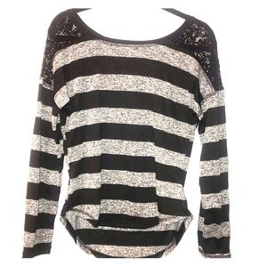 Black and Gray Lace Shoulder Striped T-Shirt